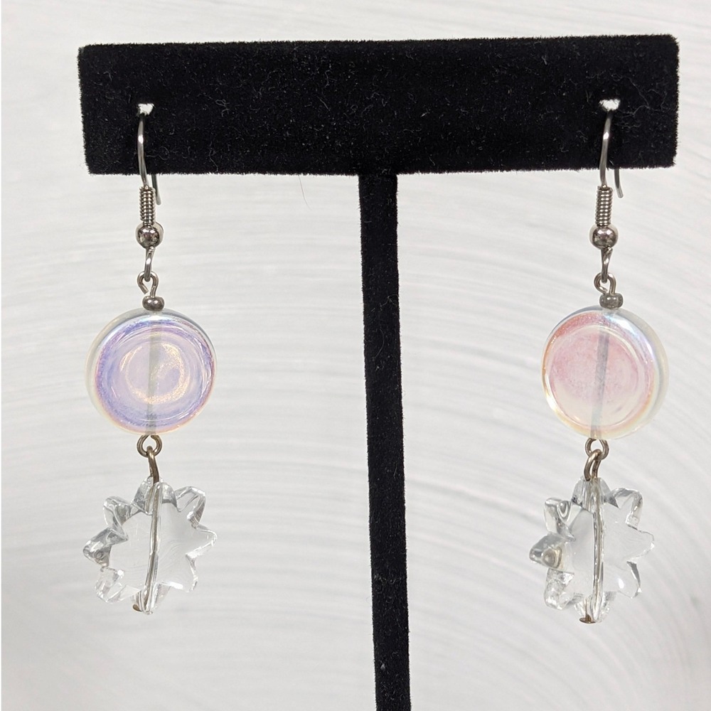 Iridescent Glass Disc Flower Dangle Earrings Clear Aurora Bead Silver Tone